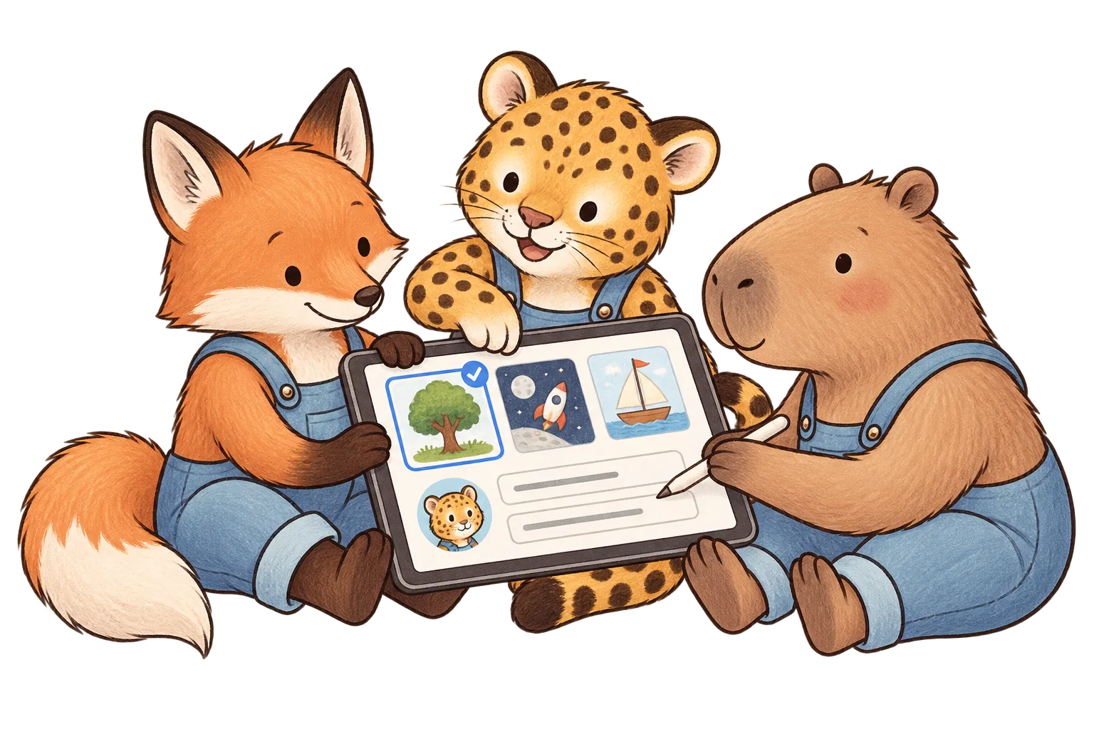Fox, jaguar and capybara choosing a story together